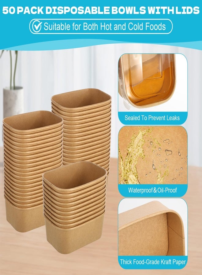 Rainmae 50 Pack 25oz Disposable Kraft Paper Bowls with Lids, Rectangle Meal Prep Containers Bulk, Large Paper Salad Bowl, Leakproof Food Containers Treat Soup Serving Bowls, Microwave Safe for Hot/Cold Food - Image 3