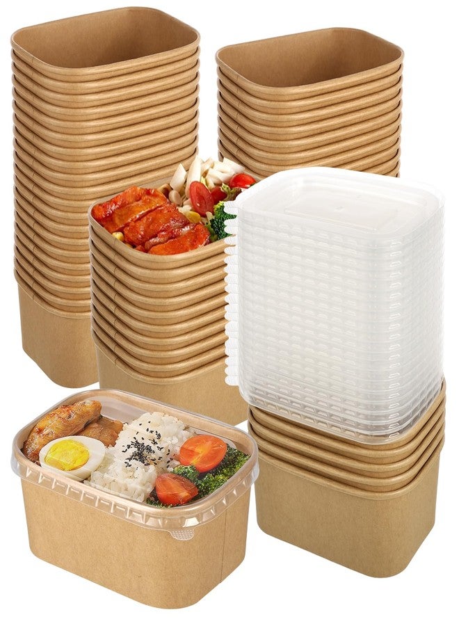 Rainmae 50 Pack 25oz Disposable Kraft Paper Bowls with Lids, Rectangle Meal Prep Containers Bulk, Large Paper Salad Bowl, Leakproof Food Containers Treat Soup Serving Bowls, Microwave Safe for Hot/Cold Food - Image 1