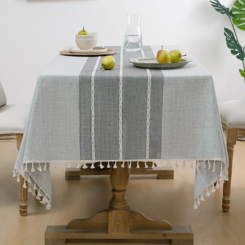 Softalker Outdoor Linen Tablecloth Rectangle Waterproof Cotton Boho Farmhouse Table Cloths with Tassel Heavy Weight Wrinkle Free Table Cover for Picnic Camping Dining 55 x 70 Inch Grey Lines - Image 2