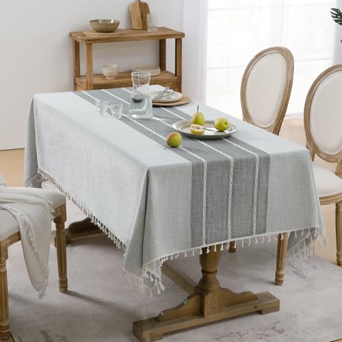 Softalker Outdoor Linen Tablecloth Rectangle Waterproof Cotton Boho Farmhouse Table Cloths with Tassel Heavy Weight Wrinkle Free Table Cover for Picnic Camping Dining 55 x 70 Inch Grey Lines - Image 3