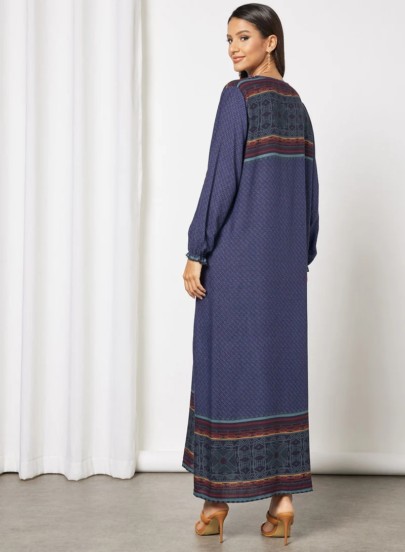 Hayat Jalabiya In Abstract Print With Lace And Tassel Embellishments