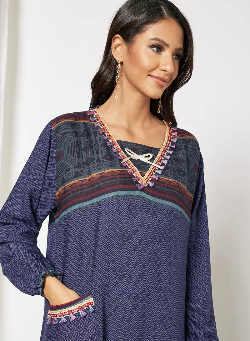 Hayat Jalabiya In Abstract Print With Lace And Tassel Embellishments