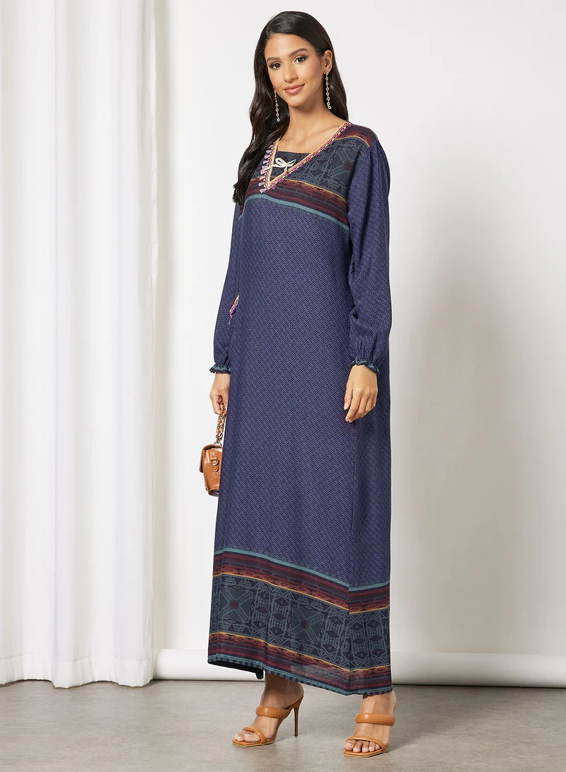 Hayat Jalabiya In Abstract Print With Lace And Tassel Embellishments