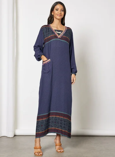 Hayat Jalabiya In Abstract Print With Lace And Tassel Embellishments