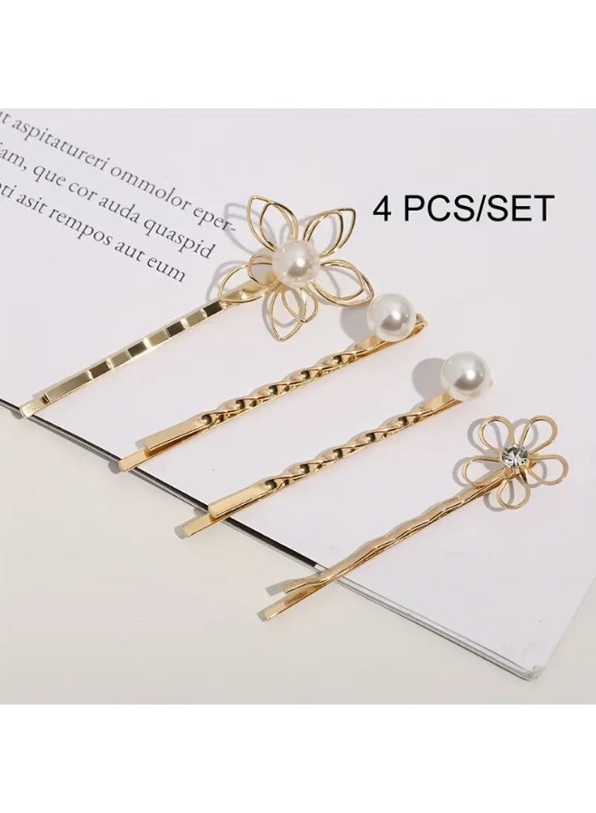Goolsky 4pcs/set Hair Clips Metal Flower with Pearl Gold Tone for Woman - Image 1