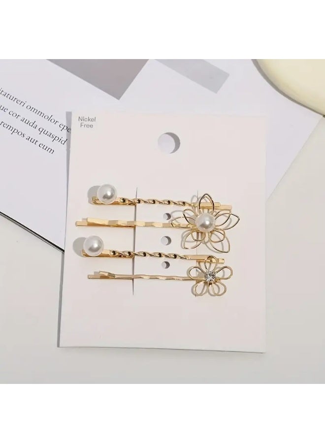 Goolsky 4pcs/set Hair Clips Metal Flower with Pearl Gold Tone for Woman - Image 2