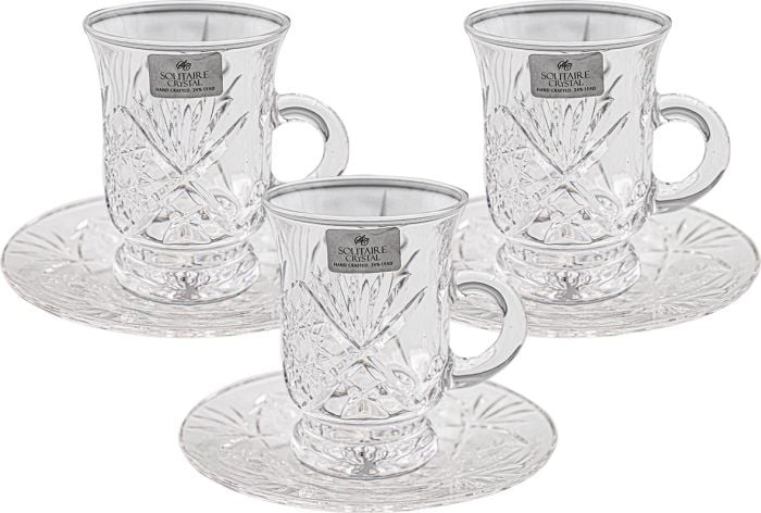 سوليتير كريستال طقم بيالات شاي كريستال حفر مع الصحون - 12 قطعة