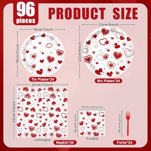 Photken 96 Pieces Valentine’s Day Tableware Set – Red Heart Disposable Plates, Napkins, and Forks for Romantic Dinners, Weddings, Anniversaries, and Love-Themed Parties – Serves 24 - Image 2