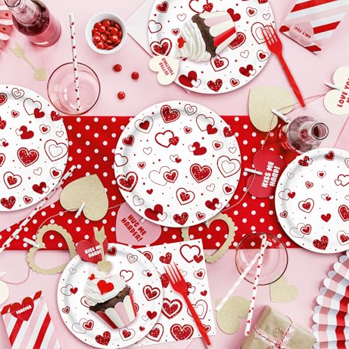 Photken 96 Pieces Valentine’s Day Tableware Set – Red Heart Disposable Plates, Napkins, and Forks for Romantic Dinners, Weddings, Anniversaries, and Love-Themed Parties – Serves 24 - Image 4