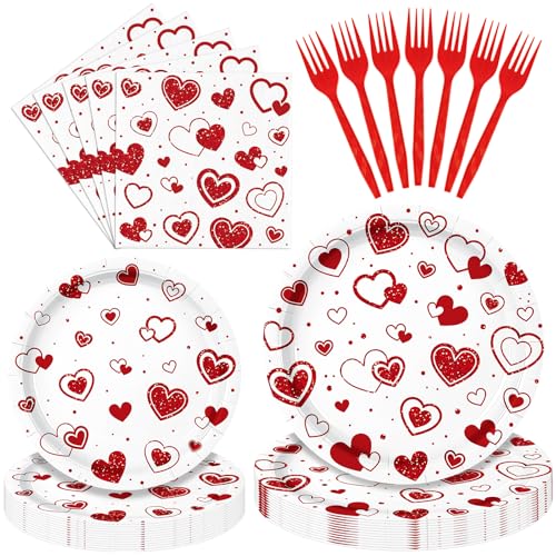 Photken 96 Pieces Valentine’s Day Tableware Set – Red Heart Disposable Plates, Napkins, and Forks for Romantic Dinners, Weddings, Anniversaries, and Love-Themed Parties – Serves 24 - Image 1