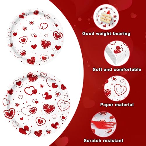 Photken 96 Pieces Valentine’s Day Tableware Set – Red Heart Disposable Plates, Napkins, and Forks for Romantic Dinners, Weddings, Anniversaries, and Love-Themed Parties – Serves 24 - Image 3