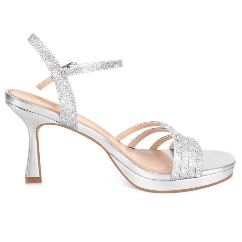 PIZZ ANNU Lena Women's Platform Heels High Block Chunky Sparkly Rhinestone Glitter Open Toe Ankle Strap Fashion Dress Pump Sandals Shoes, Silver 7 - Image 5