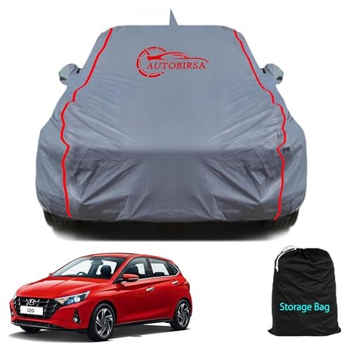 AUTOBIRSA Waterproof Car Body Cover Compatible with Hyundai I20 New with Mirror and Antenna Pocket, Triple Stitched (Heat Resistant US Grey with Red Piping) - Image 1