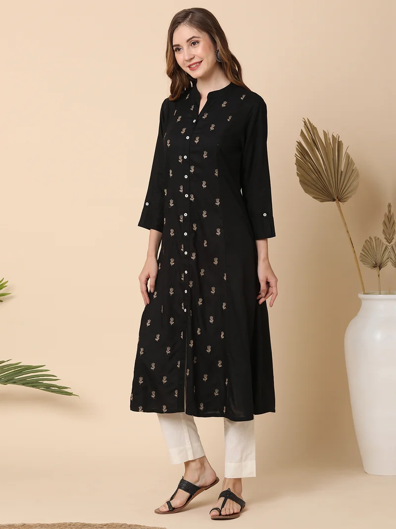 globus Women Mandarin Neck Floral Embroidered Panelled A-Line Workwear Kurta