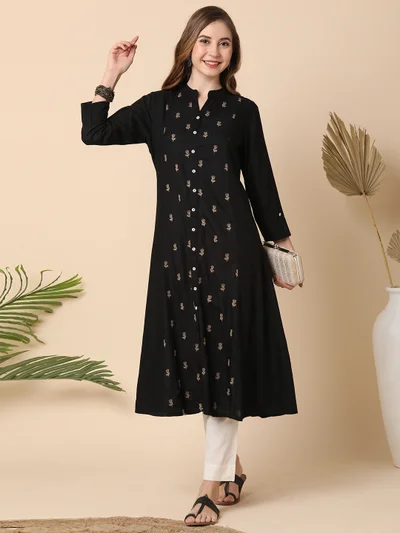 globus Women Mandarin Neck Floral Embroidered Panelled A-Line Workwear Kurta