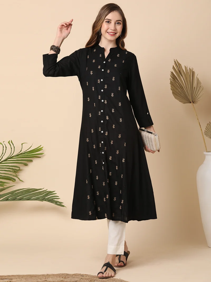 globus Women Mandarin Neck Floral Embroidered Panelled A-Line Workwear Kurta