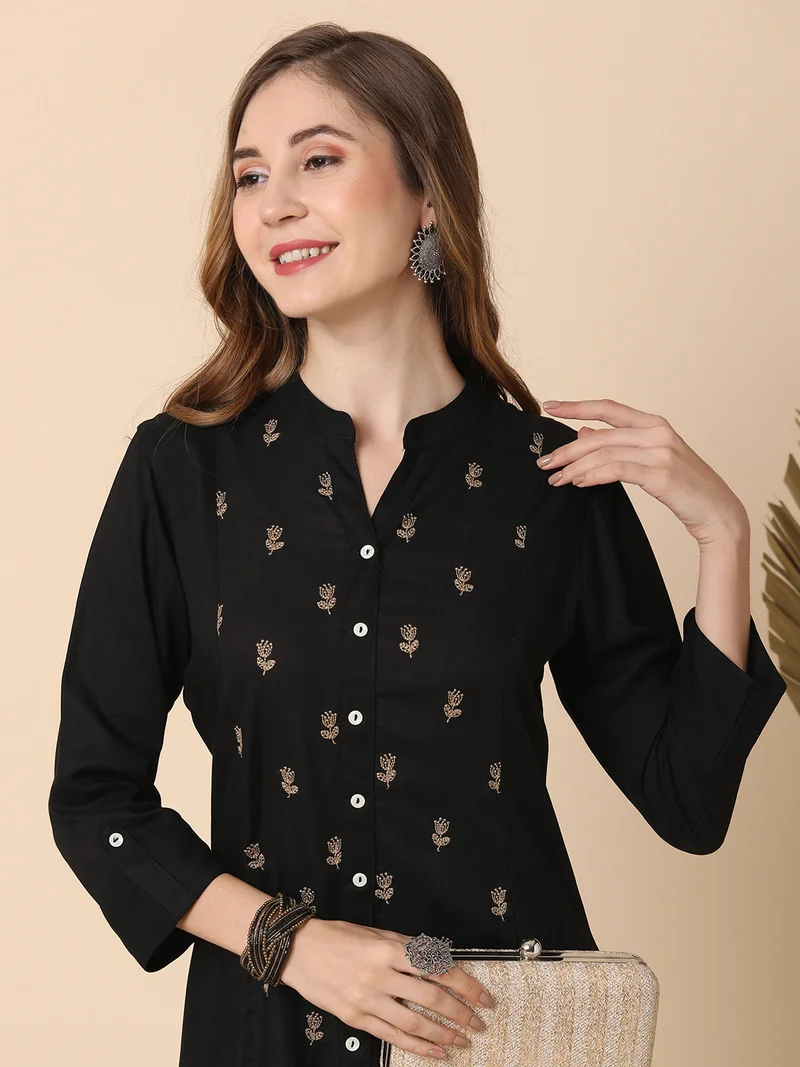 globus Women Mandarin Neck Floral Embroidered Panelled A-Line Workwear Kurta