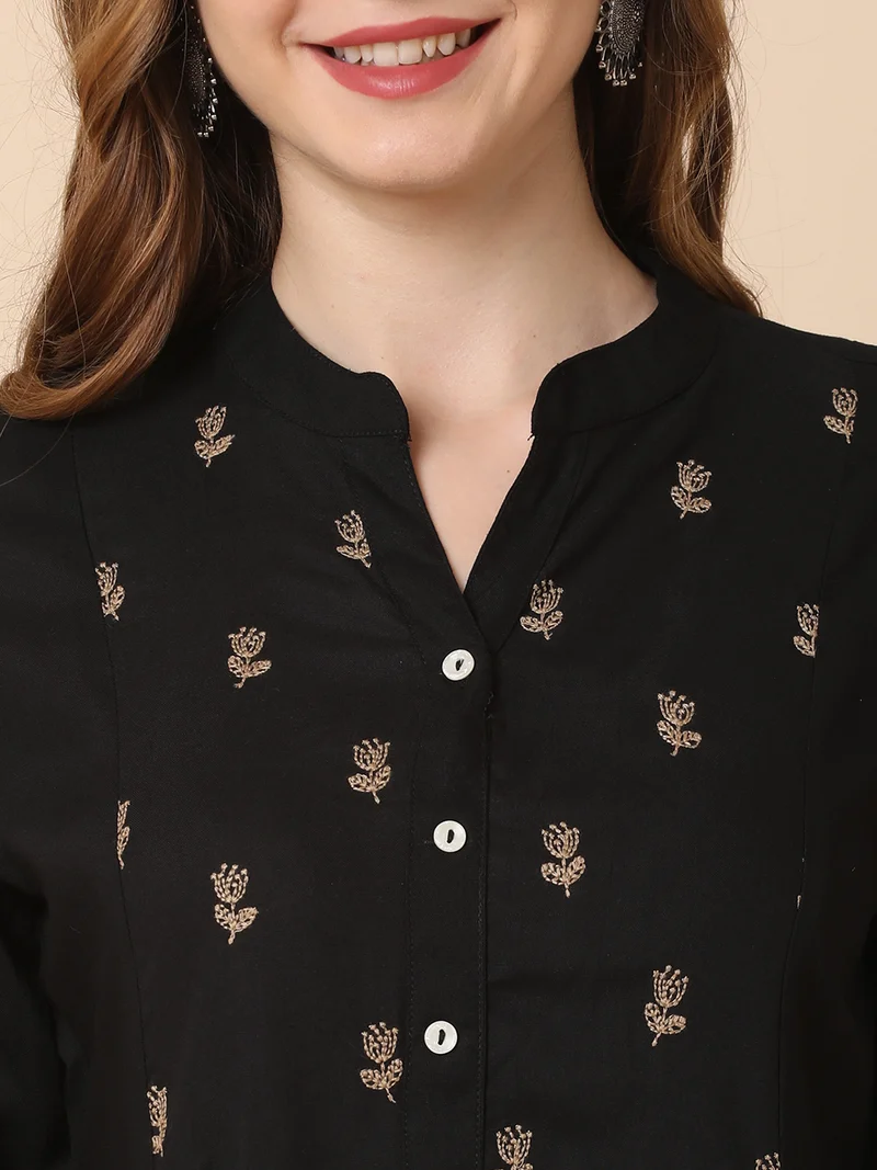 globus Women Mandarin Neck Floral Embroidered Panelled A-Line Workwear Kurta