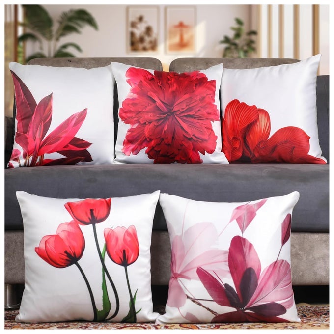 LUXURIOUS POLYESTER FABRIC FLORAL PRINTED HIDDEN ZIPPERS SET OF 5 THROW PILLOWCUSHION COVERS 16X16 INCHES RUBY RED FLOWERS