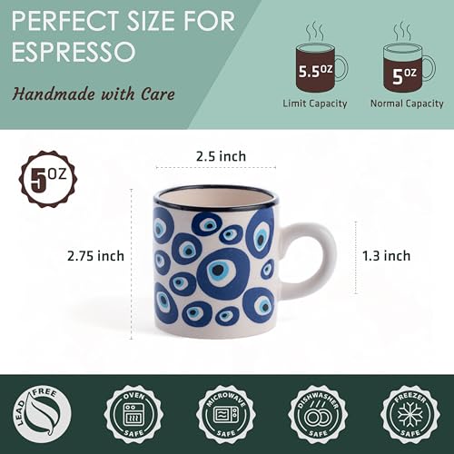 Elyese Ceramic Espresso Cups, 5 Oz Espresso Cups Set of 4, Handmade Espresso Cup, 2.75 Inch Espresso Mugs, Multicolor Demitasse Cups, Microwave & Dishwasher Safe Espresso Mugs, Coffe Mug Set (NAZAR CHARM) - Image 2