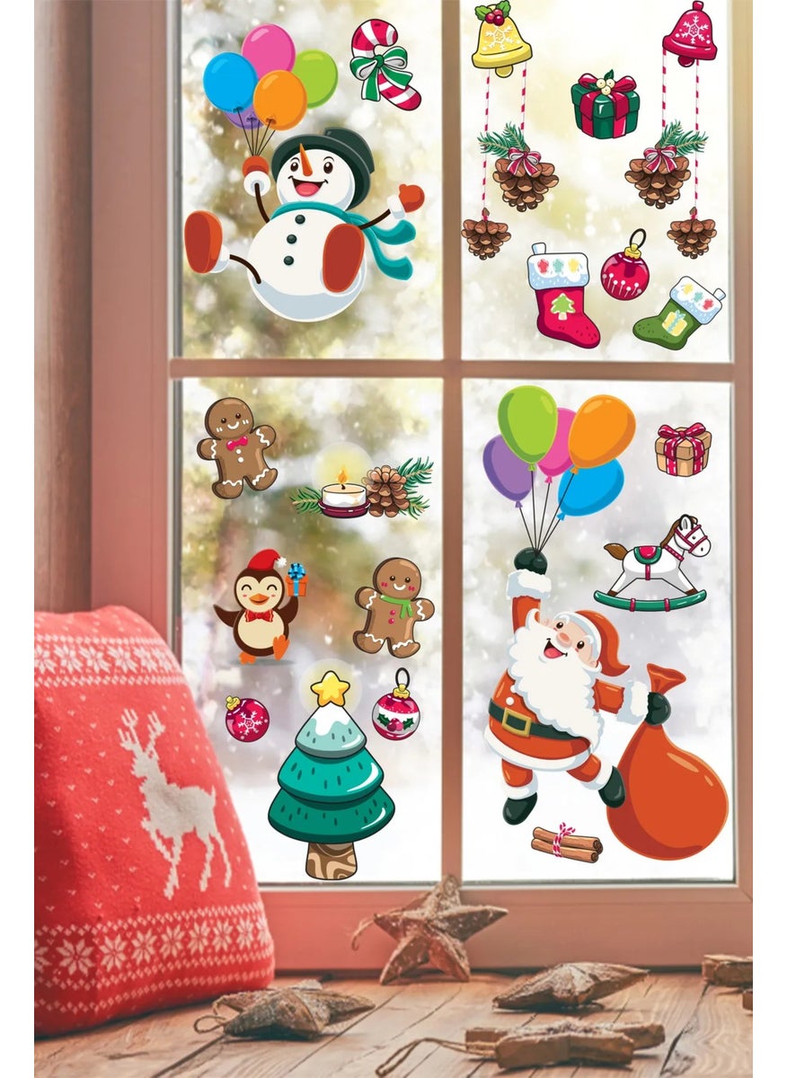 Kt Grup Kt Group Santa Claus and Snowman Flying with Balloons Christmas Decorations Window Wall Sticker  - Image 1