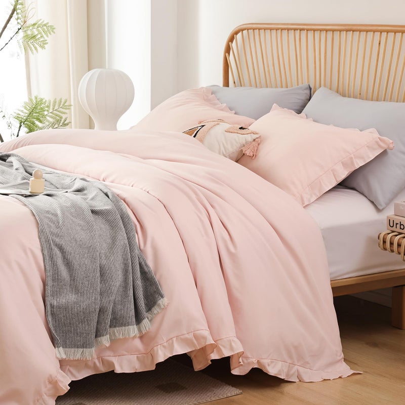 JANZAA طقم لحاف جانزا الناعم والف fluffy 3 قطع (1 طقم لحاف بلش مزخرف و 2 غطاء وسادة) سرير عتيق شابي شيك، لجميع الفصول، وردي بلش، كوين - Image 5