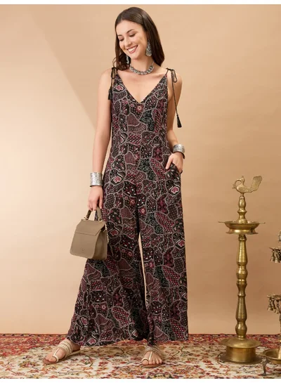 globus Women Black V-Neck Tie Up Sleeves Ethnic Print Wide Leg Fusion Jumpsuit