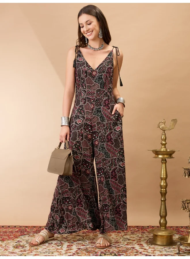 جلو باص Women Black V-Neck Tie Up Sleeves Ethnic Print Wide Leg Fusion Jumpsuit