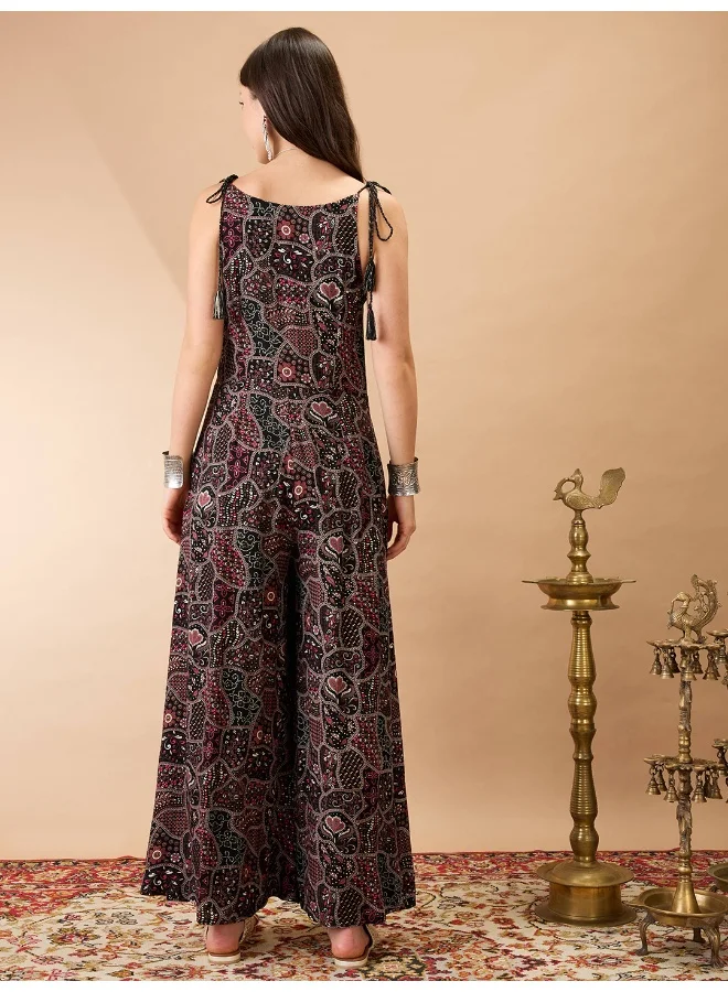 جلو باص Women Black V-Neck Tie Up Sleeves Ethnic Print Wide Leg Fusion Jumpsuit