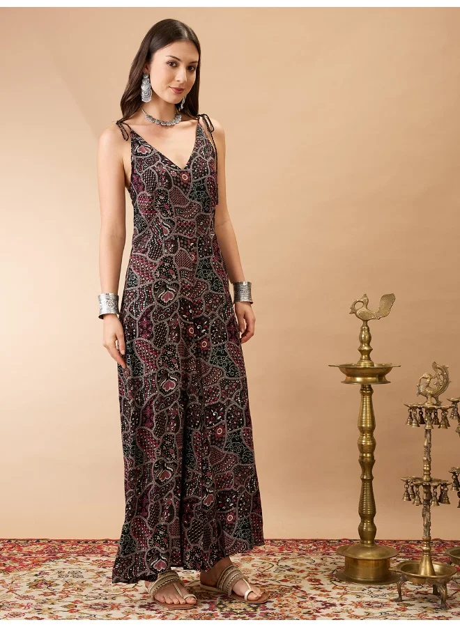 جلو باص Women Black V-Neck Tie Up Sleeves Ethnic Print Wide Leg Fusion Jumpsuit