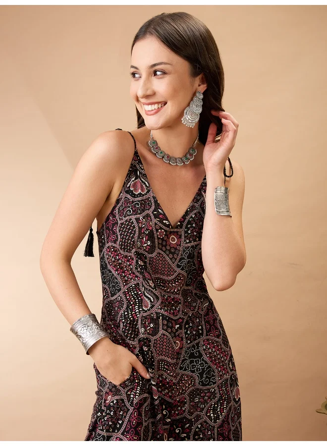 جلو باص Women Black V-Neck Tie Up Sleeves Ethnic Print Wide Leg Fusion Jumpsuit