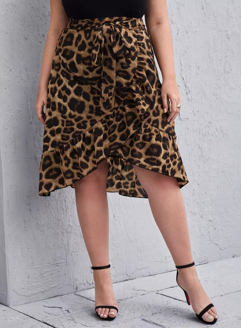Plus Leopard Print Ruffle Wrap Hem Belted Skirt  - Image 5