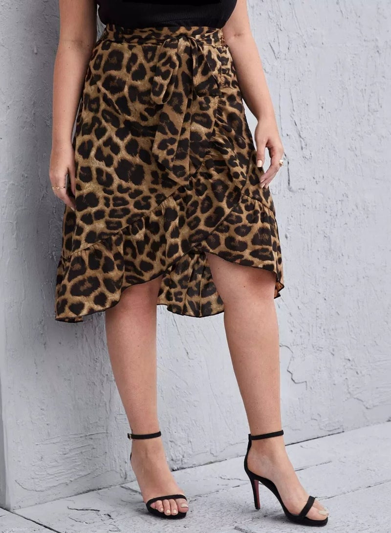 Plus Leopard Print Ruffle Wrap Hem Belted Skirt  - Image 4