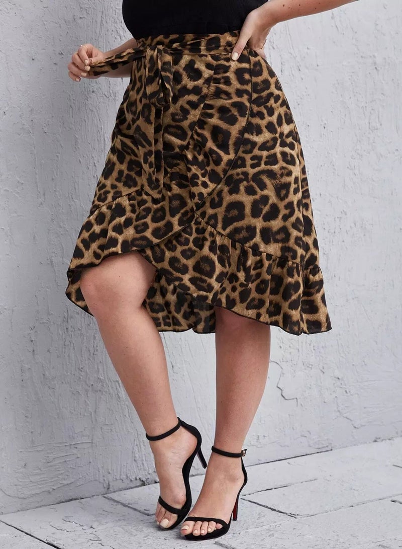 Plus Leopard Print Ruffle Wrap Hem Belted Skirt  - Image 3