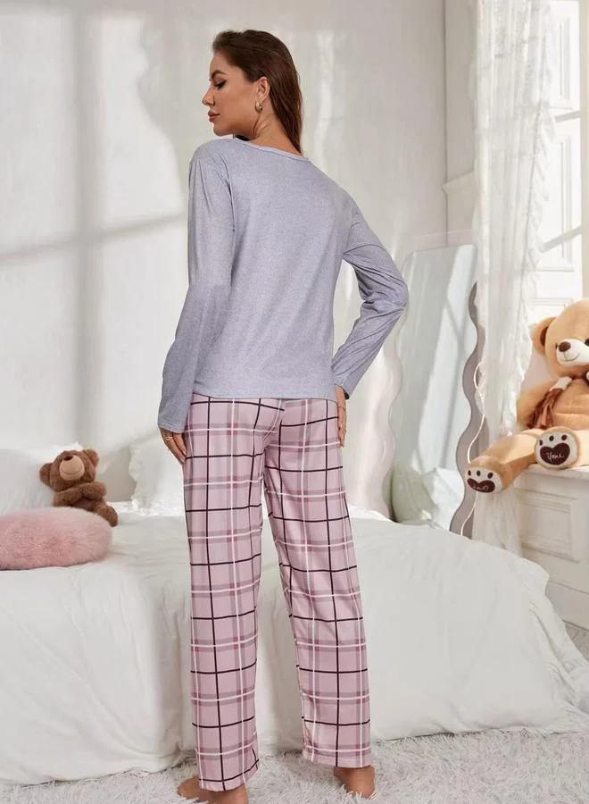 Take Two Take Two Printed Long Sleeve T-Shirt and Checked Pyjama Set