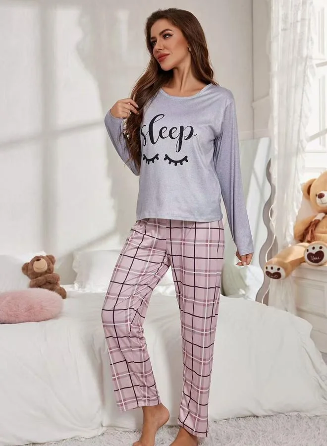 Take Two Take Two Printed Long Sleeve T-Shirt and Checked Pyjama Set