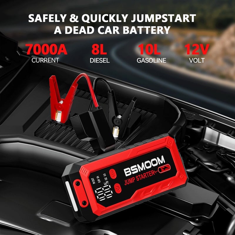 BSMOOM Car Battery Jump Starter Portable, 7000A Peak Battery (for 10.0L Gas or Up to 9.0L Diesel),Portable Booster Power Pack,LCD Display, USB Quick Charge & LED Light - Image 2