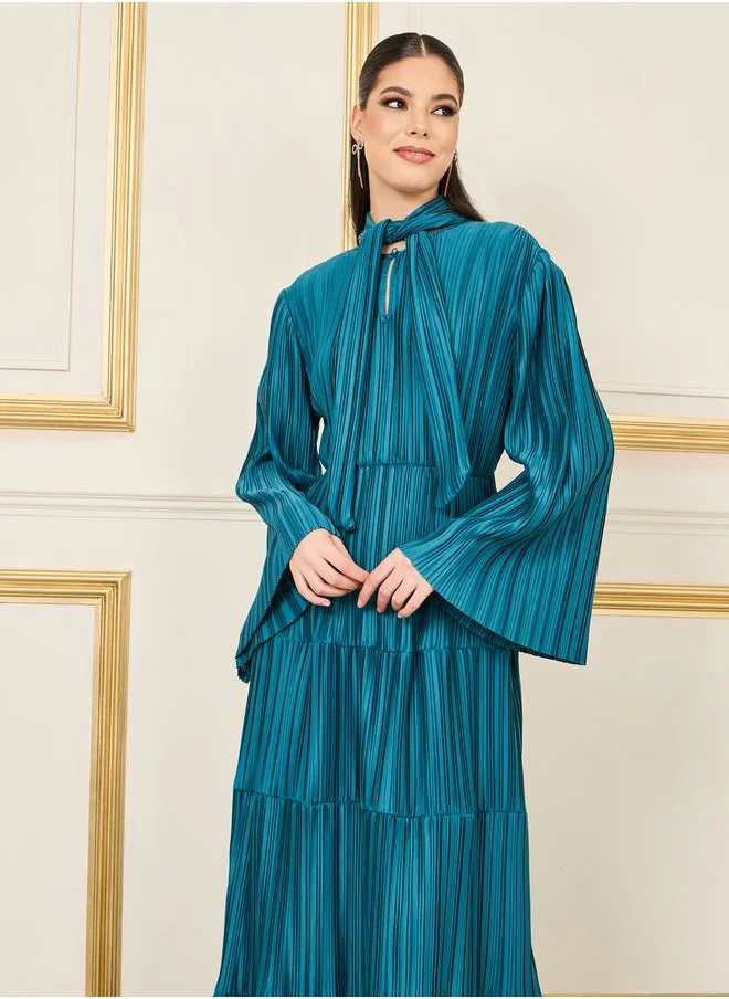 Styli Satin Pleated Tie Up Neck Tiered Maxi Dress