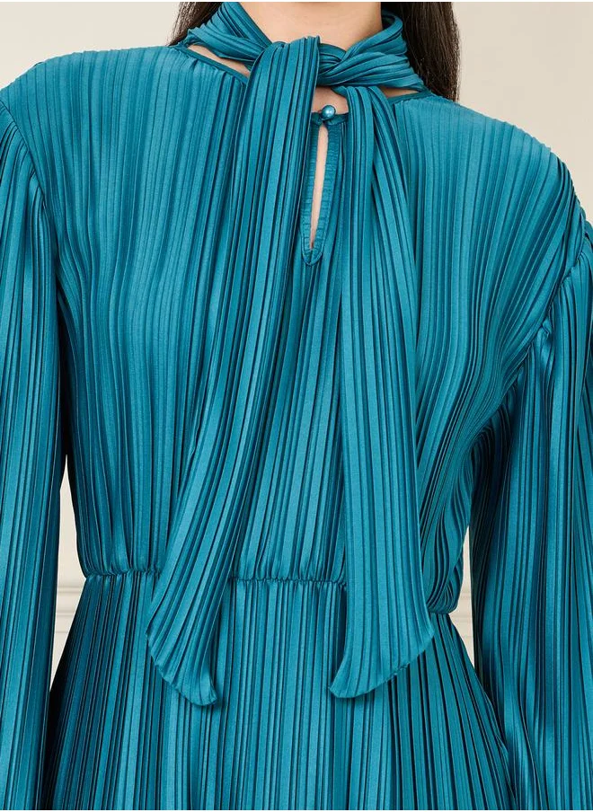 Styli Satin Pleated Tie Up Neck Tiered Maxi Dress