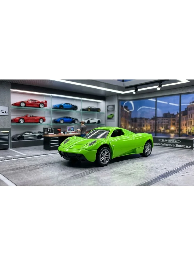 تولي سيارة هايبركار معدنية مصبوبة بالقوالب (Die-cast) تعمل بنظام السحب للخلف، مزودة بالموسيقى والأضواء وأبواب يدوية الفتح، باللون الأخضر الليموني، بحجم عبوة 15.8 × 6 × 6.8 سم.