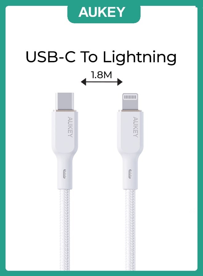 أوكي كيبل مضفر MFI شحن و مزامنة USB-C إلى لايتنينج طول 1.8م NCL2 أبيض لون أبيض - Image 1