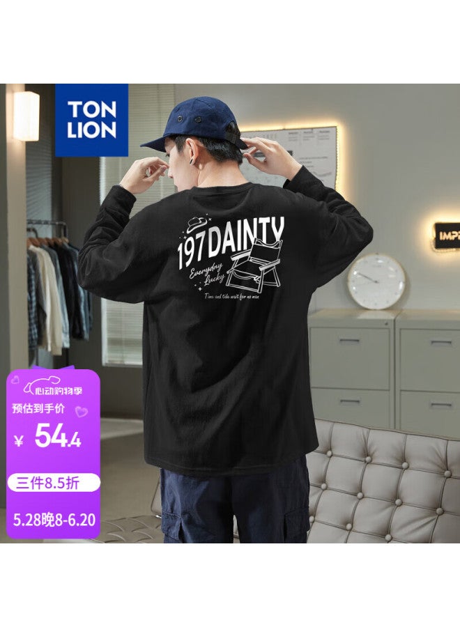 Tonlion Spring Men's Back Printed Long Sleeve T-shirt Black L - Image 1