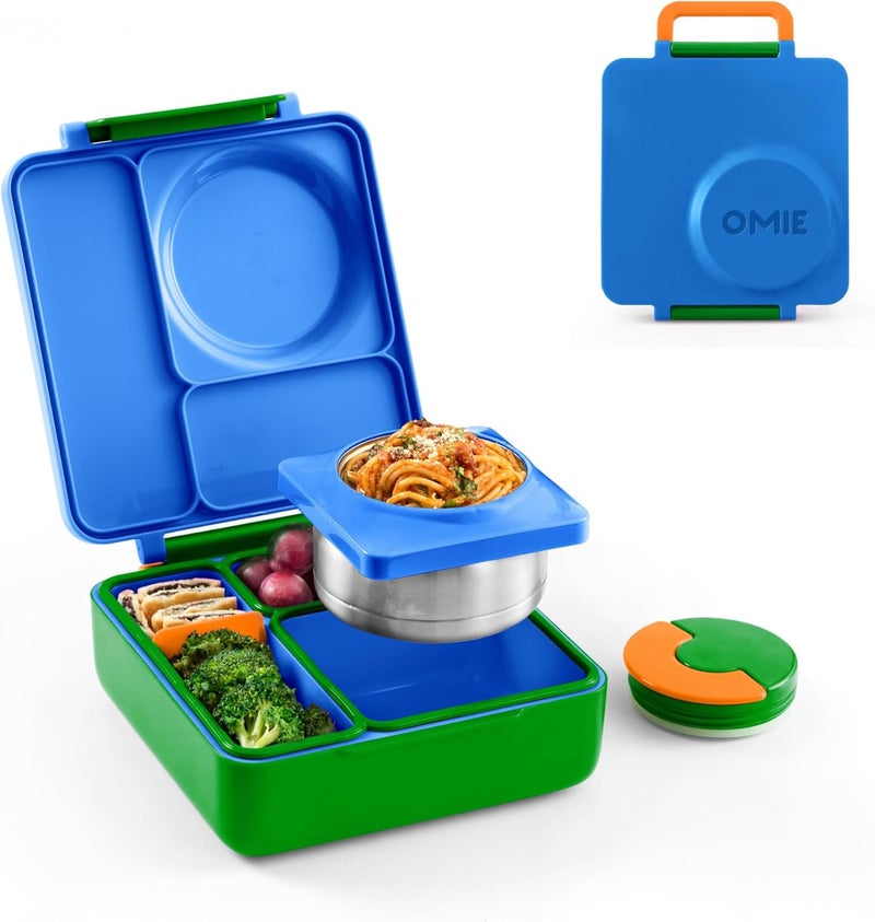 OmieBox Bento Box for Kids - Insulated Bento Lunch Box with Leak Proof Vacuum Insulated Food Jar - 3 Compartments, Two Temperature Zones (Monster Blue) - Image 1