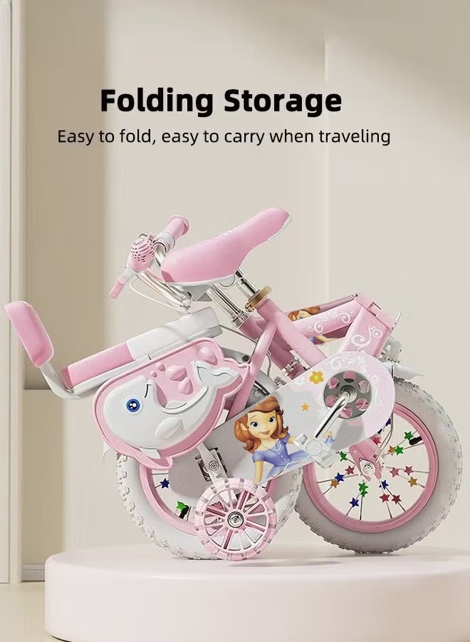 WALALLA 14 Inches Foldable Bike with Soft Seat, Children Bicycle with Adjustable Saddle and Foldable Body, Adorable Bike with Luminous Training Wheels, Handbrake and Basket, Princess Style Bicycle, Ideal Gift for Girls and Beginners,Pink - Image 2
