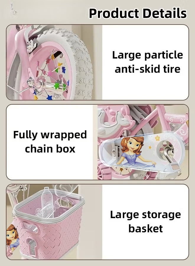 WALALLA 14 Inches Foldable Bike with Soft Seat, Children Bicycle with Adjustable Saddle and Foldable Body, Adorable Bike with Luminous Training Wheels, Handbrake and Basket, Princess Style Bicycle, Ideal Gift for Girls and Beginners,Pink - Image 3