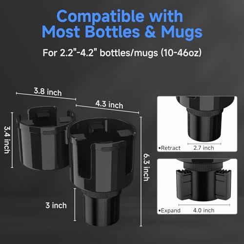 DYLEN Car Cup Holder Expander, 2 in 1 Cup Holder Adapter Extender for Car with Expandable Insert, Fits Yeti, Hydroflask and Other Large Water Bottles & Mugs in 2.2"-4.6" (10-46oz) - Image 5