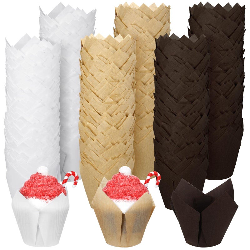 Funtery Funtery 600 Pcs Mini Size Tulip Cupcake Liners Mini Baking Cups Non Stick Baking Cups Grease Resistant Muffin Paper Liners Cupcake Wrappers for Wedding Birthday PartyWhite Brown Beige 