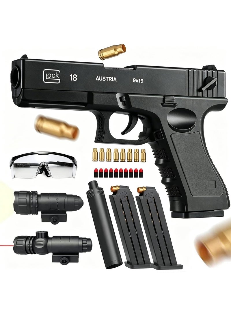 مسدس ألعاب "غلوك" (Glock) يطلق رصاصات إسفنجية ناعمة - مزود بمخزن للذخيرة ورصاصات وكاتم للصوت - هدية للأطفال (لون أسود) - Image 1