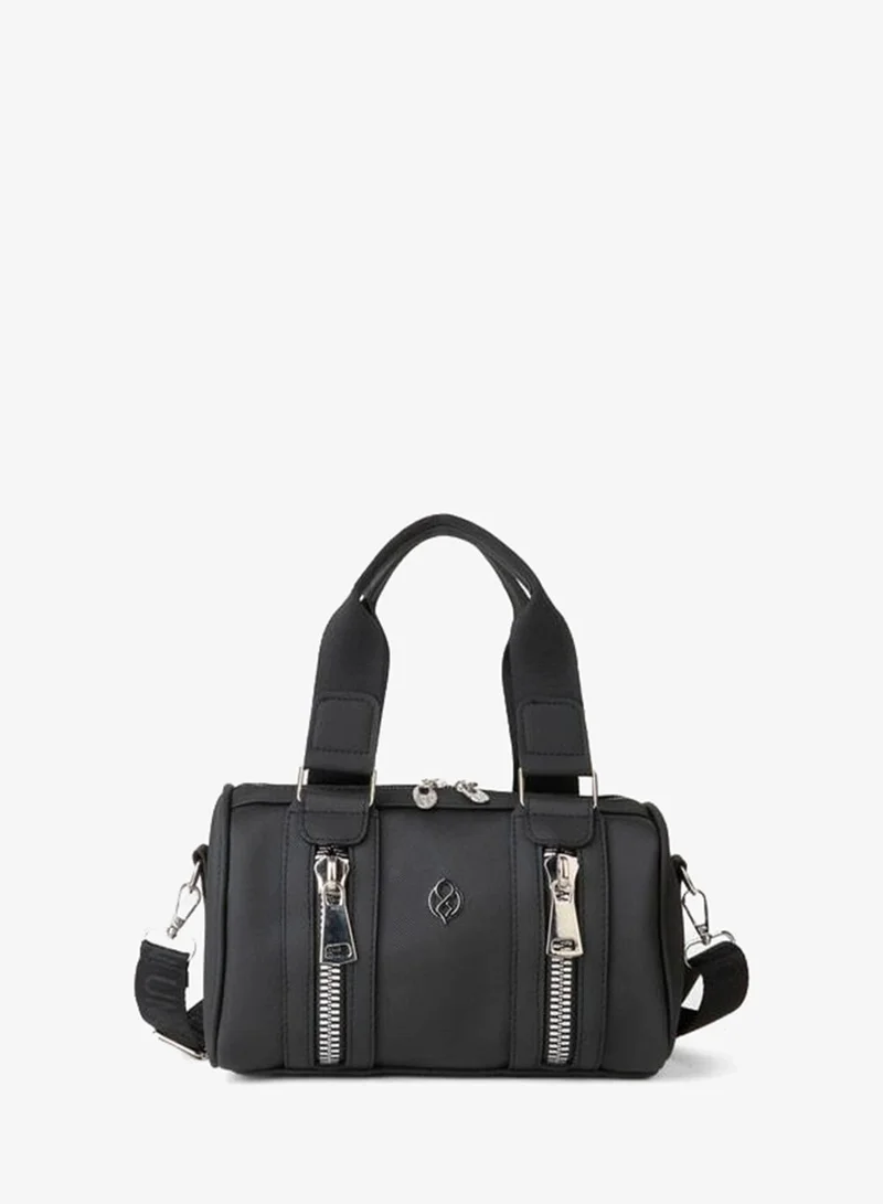 Women's Black Lily Cylinder Zipper Closure Column Strap Hand, Arm and Shoulder Bag.