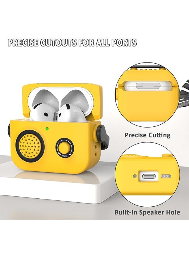 Compatible Protective Case Cover with AirPods 4, Vintage Radio Design Protective Case with Carabiner, Soft TPU Protective Shockproof Case, Front LED Visible - Yellow - Image 4